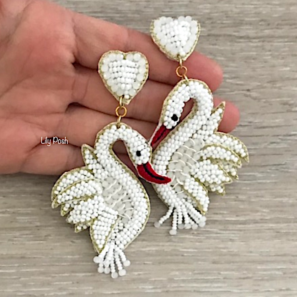 Lily Posh Beaded Swan Earring, Seed Bead White Swan Black Swan Earring - Picture 2 of 4